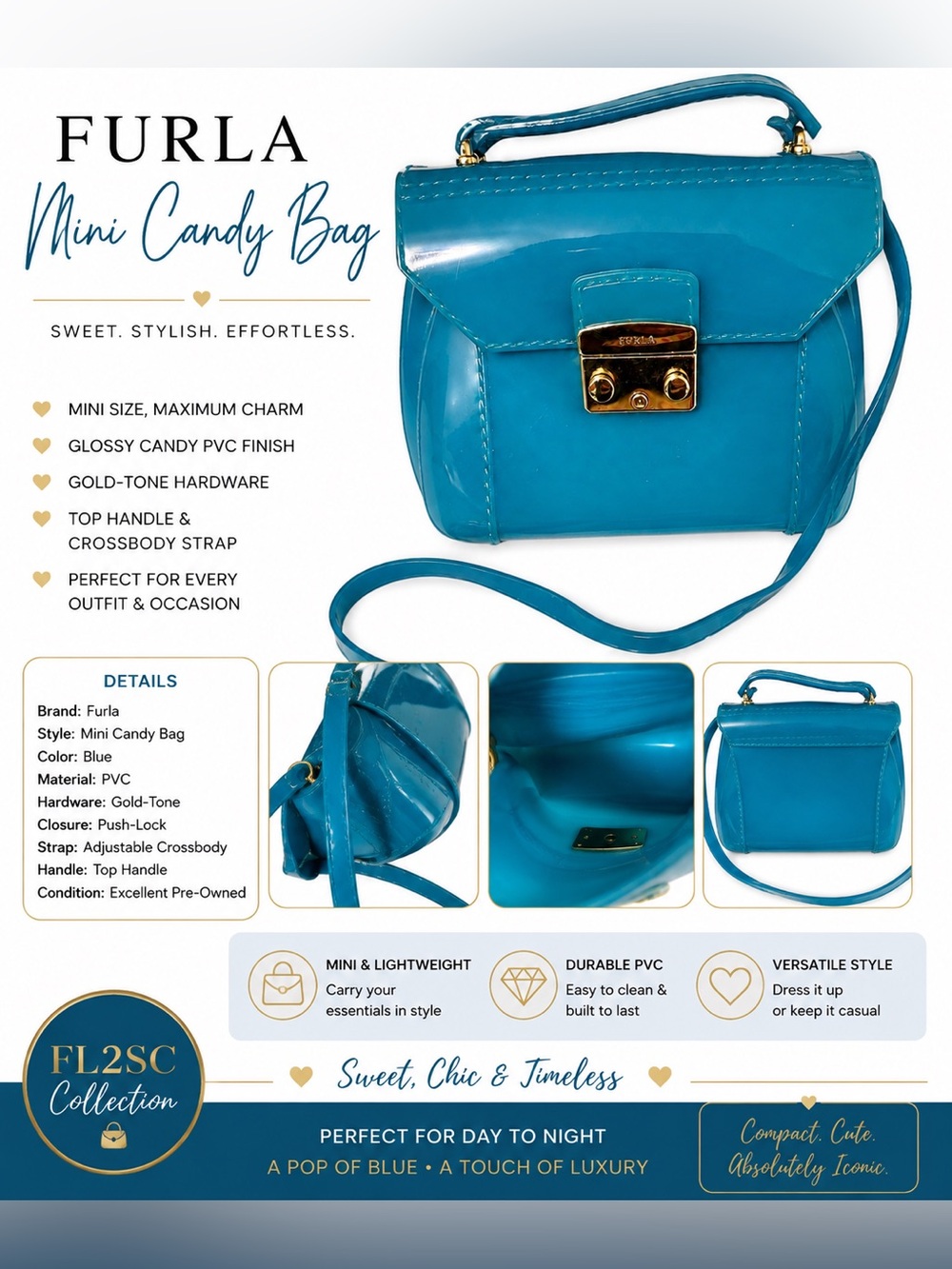 Furla Mini Top-Handle Bag in Bright Turquoise Blue with Gold Hardware
